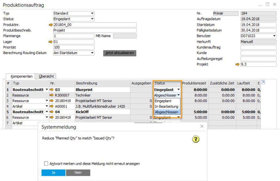 SAP Business One Version 9.3 Produktion Zeilenstatus für Routenabschnitte